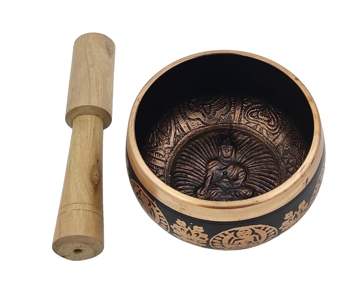 Handmade 4 Inches Bell Metal Tibetan Buddhist Singing Bowl Musical Instrument For Meditation (Scripture design | 4 inches | Black)