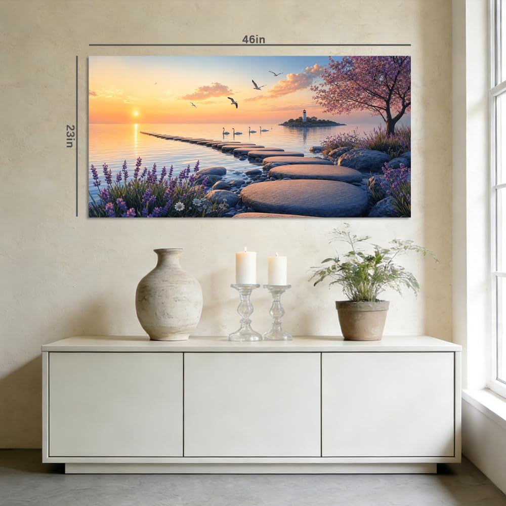 Tranquil Sunset Seascape Canvas Wall Art Stepping Stones to Island Lighthouse Painting Flat Print Spring Cherry Blossom Lavender Picture Gallery Wrapped Artwork for Living Room Bedroom Bathroom Decor (Coastal / Lavender Lighthouse Sea 38 / 46"L x 23"W)