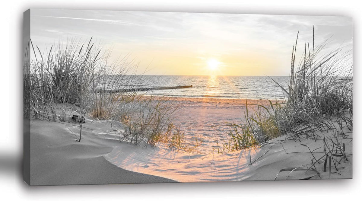 Large Wall Decor Living Room Black and White Sunset Beach Prints Art Ocean Picture Coastal Decor Seascape Artwork Sea Painting Poster Bedroom Wall Art Framed Office Home Decoration (Basunset / 60"L x 30"W)