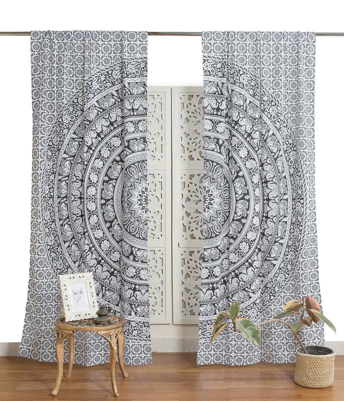 Printed Curtains Panels Set of 2 Indian Hippie Bohemian Beautiful Elephant Mandala Curtain Panels Black and White 42x100 Inch (42"W x 100"L (Pack of 2) / Black and White)