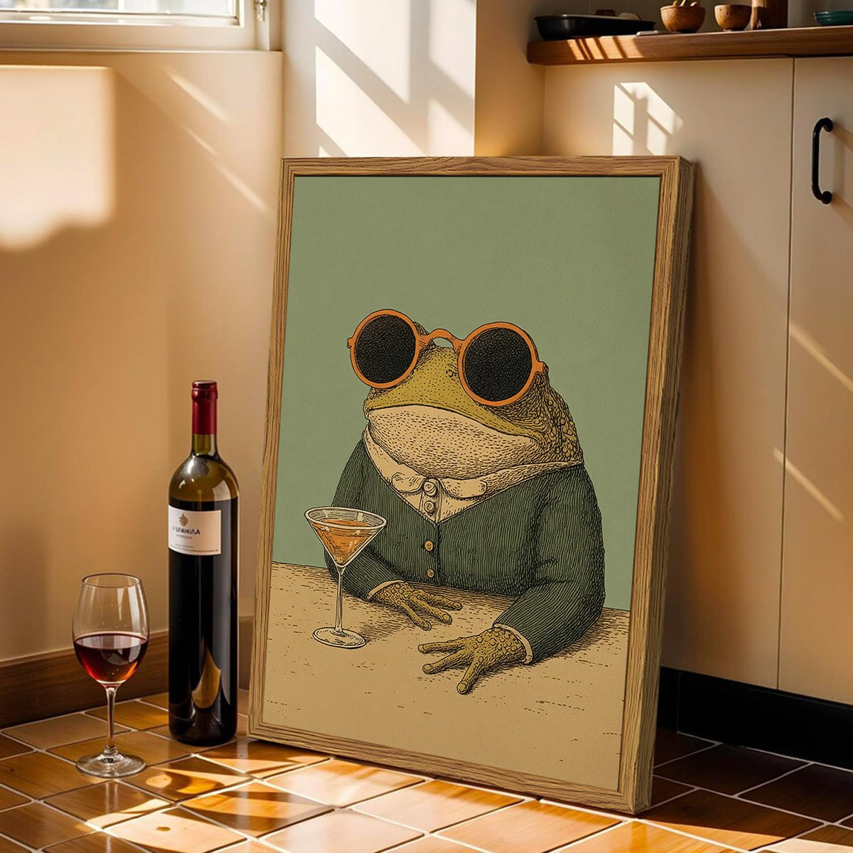 Framed Funny Frog Wall Art (Whimsical frog / 24"L x 16"W)