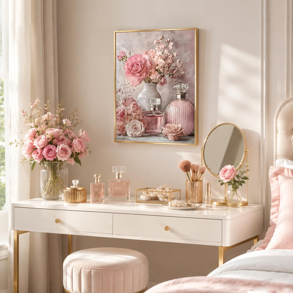Gold Framed Pink Roses Flower Canvas Wall Art Perfume Bottle Picture (Pink Roses Flowers / 16"L x 12"W)