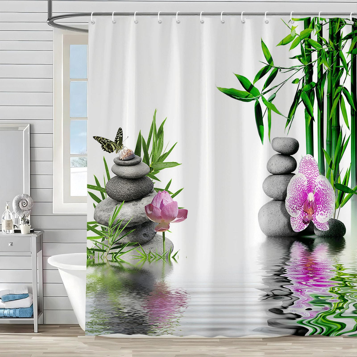 Zen Shower Curtain Green Leaf Floral Purple Flower Butterfly Lotus Black Stone Japanese Garden Relax Meditate Spring Nature Theme Rustic Polyester Curtains Bathroom Decor Set with Hooks 70Wx80H Inch (White / 70"W x 78"L (Pack of 1))
