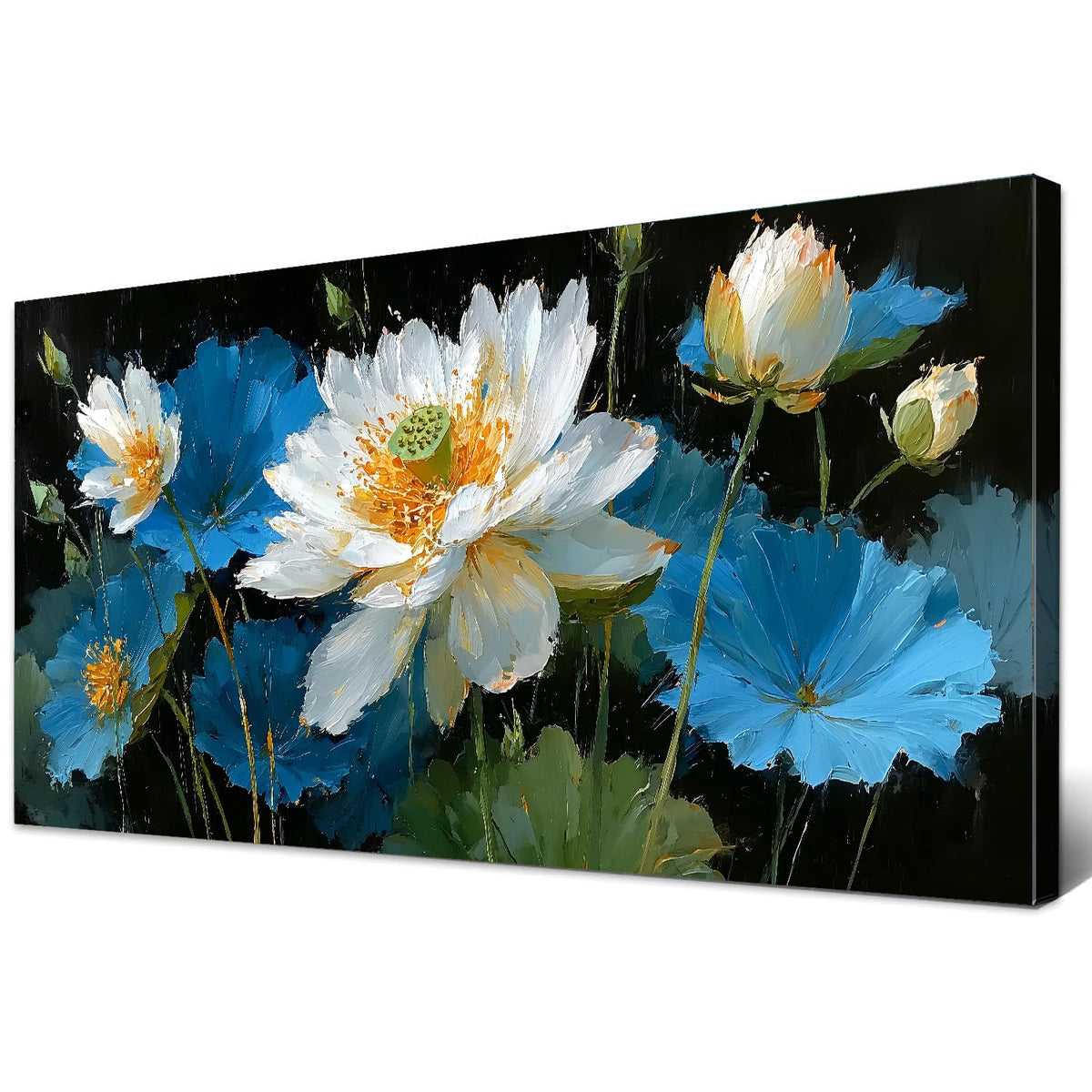 Vintage Abstract Lotus Flower Canvas Wall Art Boho Bedroom Home Decor Zen Floral Picture Blue and White Lotus Painting for Living Room Office Meditation Room Artwork Poster Decorations 24x48” (48"L x 24"W / Blue Lotus)