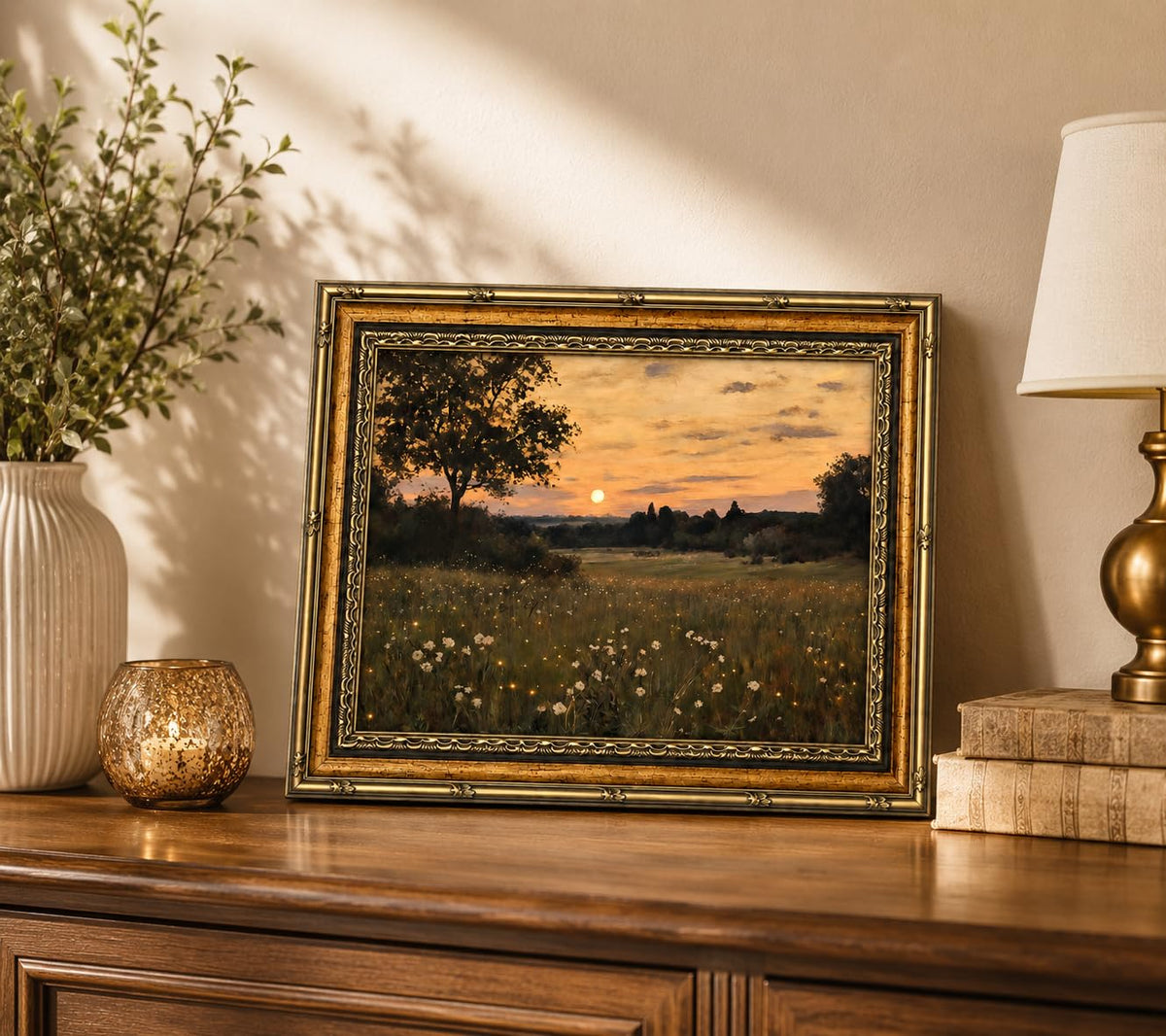 Framed Vintage Floral Wall Art Sunset Flower Field Canvas Print Poster Country Gallery Style Landscape Painting Living Room Bedroom Farmhouse Wall Decoration 8x10 Inches Ready To Hang Or Tabletop (Flowers - 10 / 8x10in)