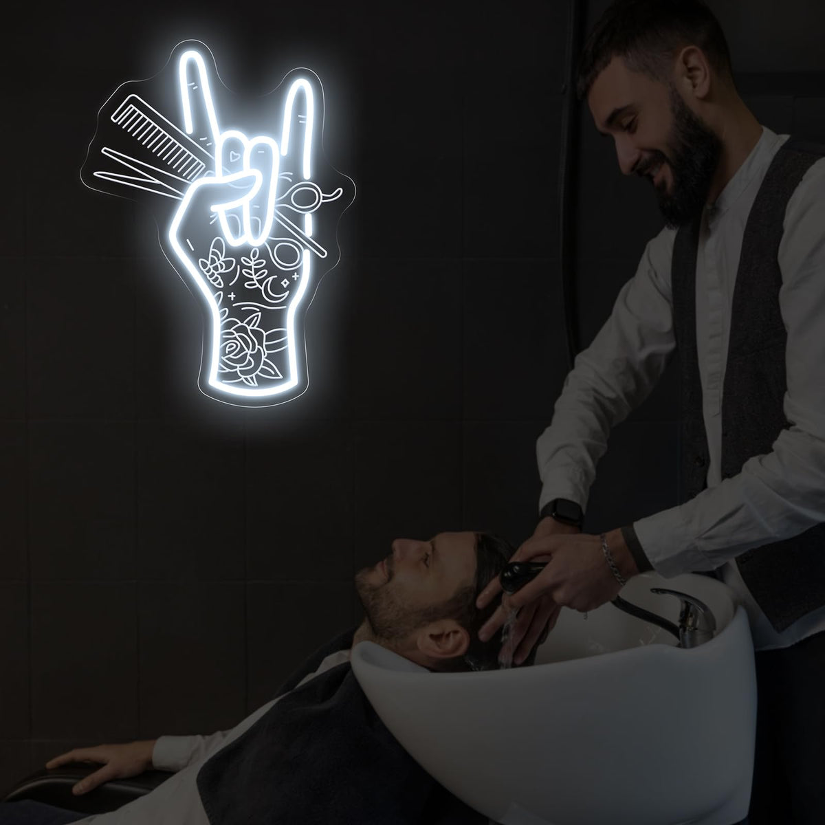 Stylish Hand Holding Scissors and Comb Neon Sign Hair studio Led Light (Hand Scissors)