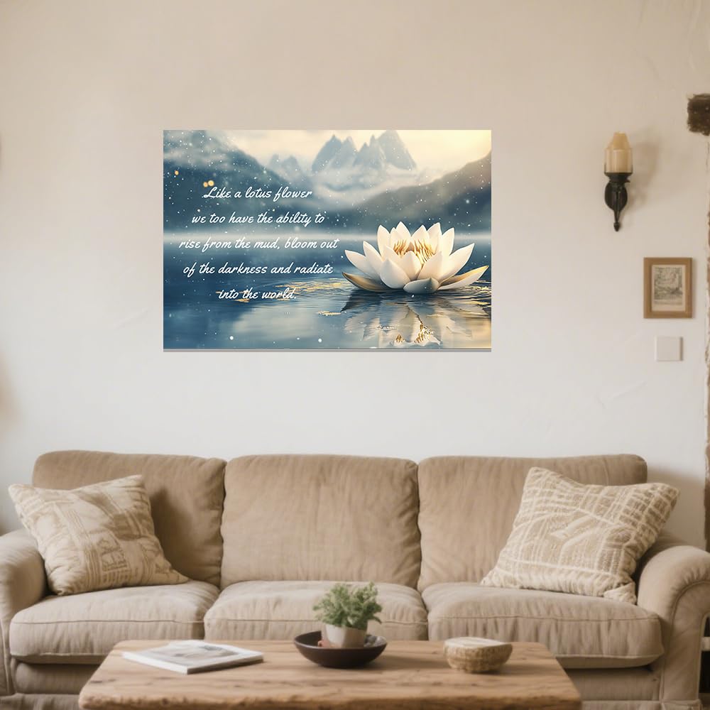 White Lotus Flower Wall Art Lotus Motivational Quotes Zen Decor for Bathroom Yoga Office Flower on Water Pictures Spa Canvas Prints Framed (White / 16" x 24")