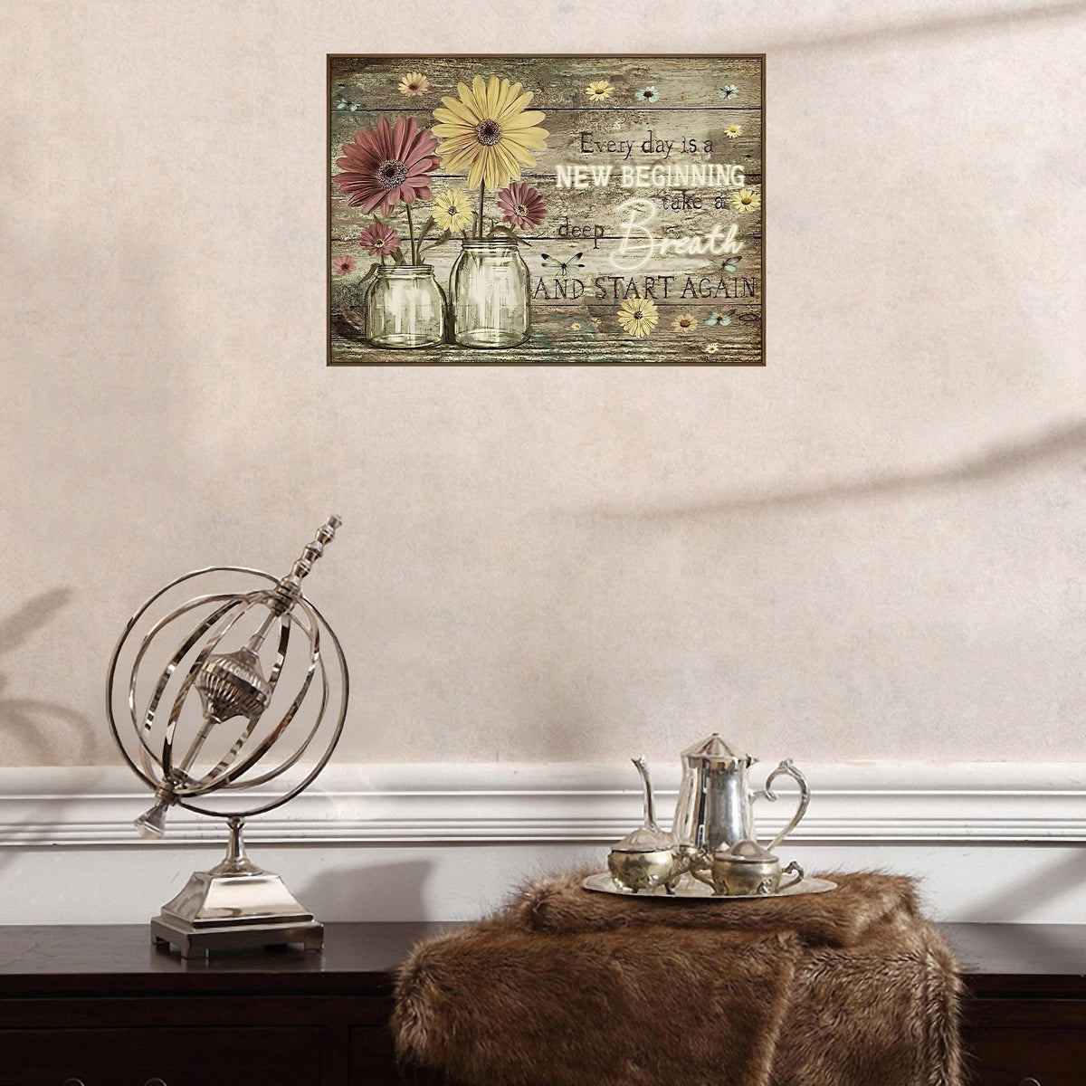 Vintage Floral Canvas Wall Art Floating Framed Inspiring Quote 16x24 Inch (Farmhouse Flower(Floating Frame) / 24"L x 16"W)