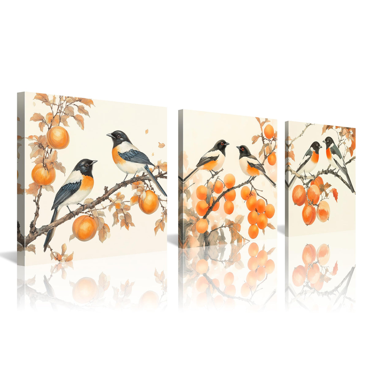 3PCS Vintage Style Watercolor Birds Orange Fruits Canvas Wall Art Botanical Autum Natural Scene Artwork for Living Room Bedroom Office Calming Wildlife and Fruit Branch Framed Canvas Prints (Birds Orange Fruits / 12x12 inches (3 pieces))