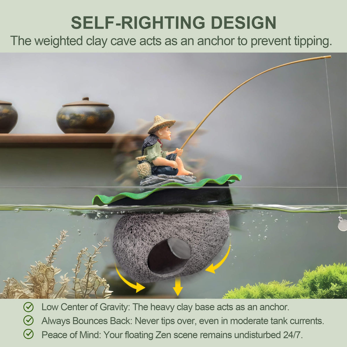 3-in-1 Floating Fish Tank Fisherman Decor, Lotus Pad & Betta Cave (Hideout Cave (3-in-1))