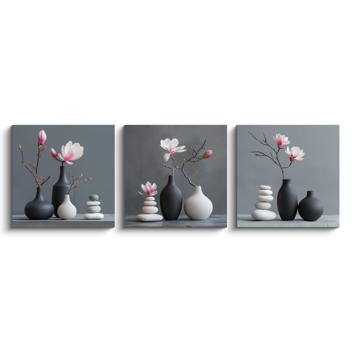 3Pcs Minimalist Zen Magnolia Still Life Canvas Wall Art Print Pink White Magnolia Flowers in Dark Gray Vases Zen Stone for Bedroom Living Room Bathroom Mindfulness Spa Artwork Decor (Zen Magnolia / 12x12inchx3)