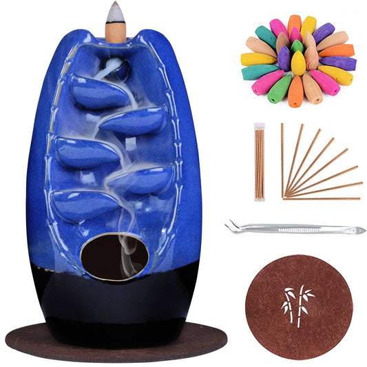 Ceramic Backflow Incense Holder Waterfall Incense Burner (Navy)