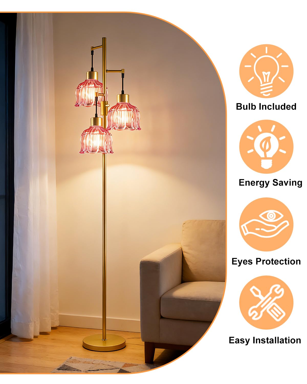 Floral Floor Lamp Dimmable Floor Flower Lamp Red Glass Shade (3 Deep Red Cloche Hat-Gold)