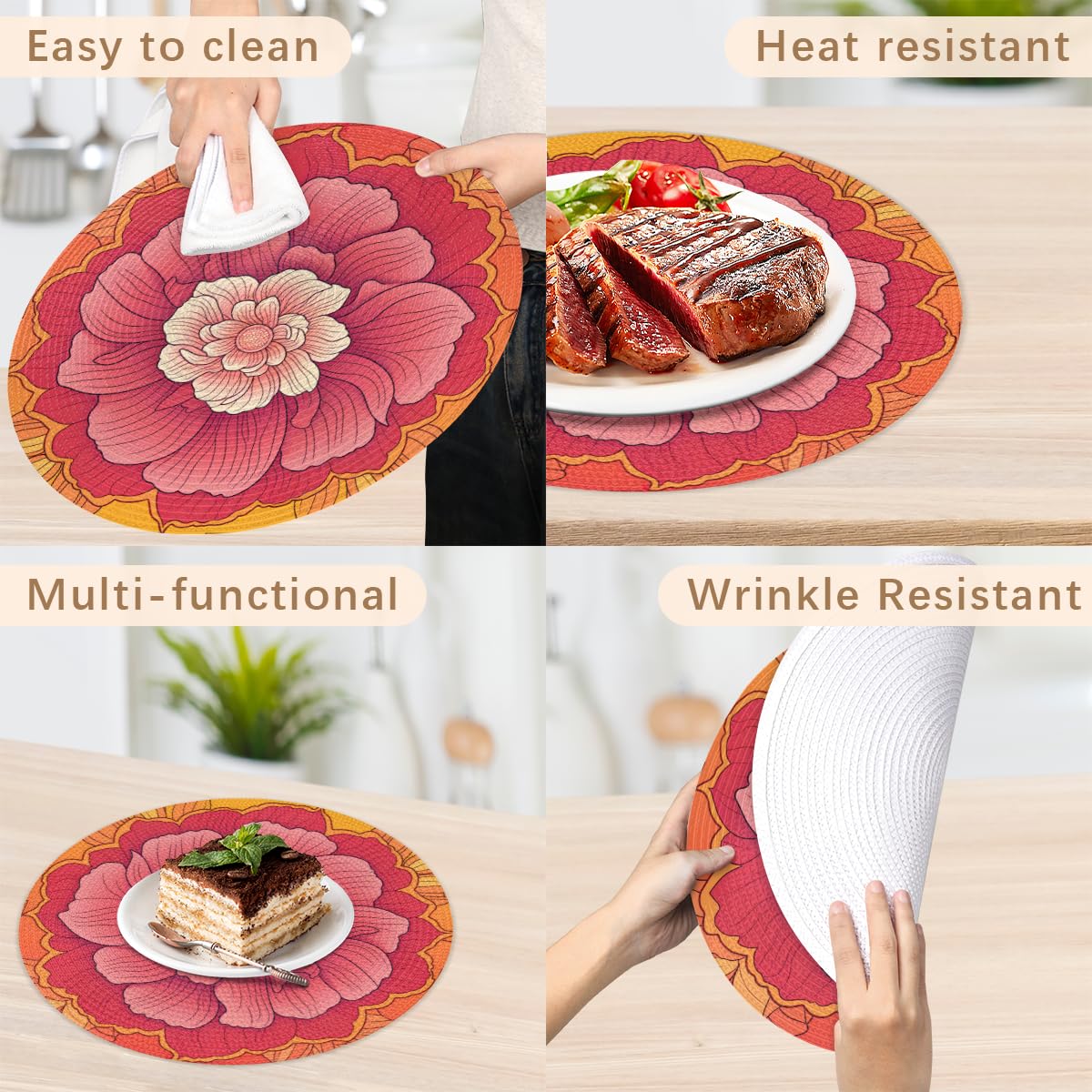 Flower Woven Placemats Round Placemats Set of 4 Festival Party (A 018 / 4 pieces)