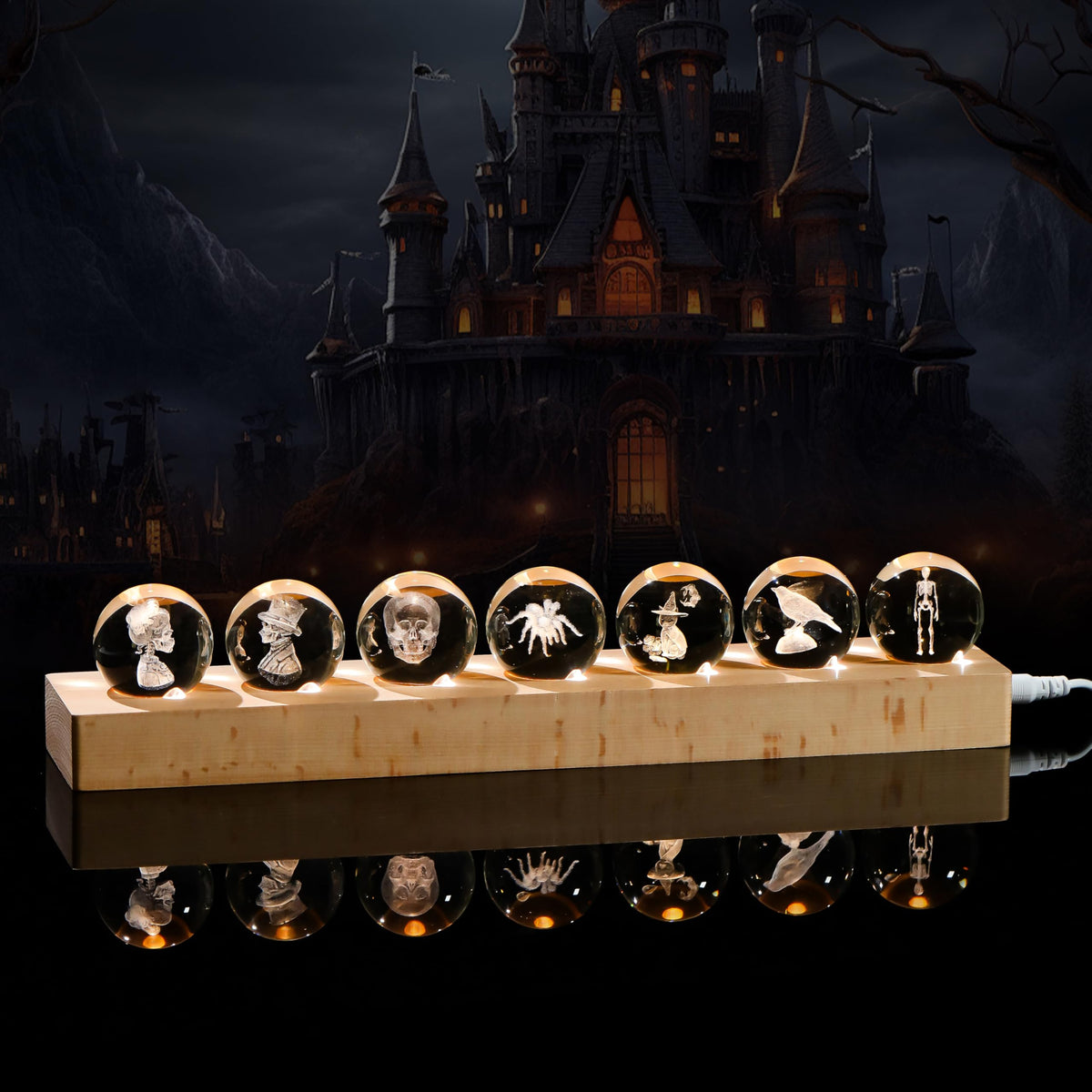 3D Crystal Ball Gothic Halloween Decor with Led Lamp Base (7pcs Gothic)
