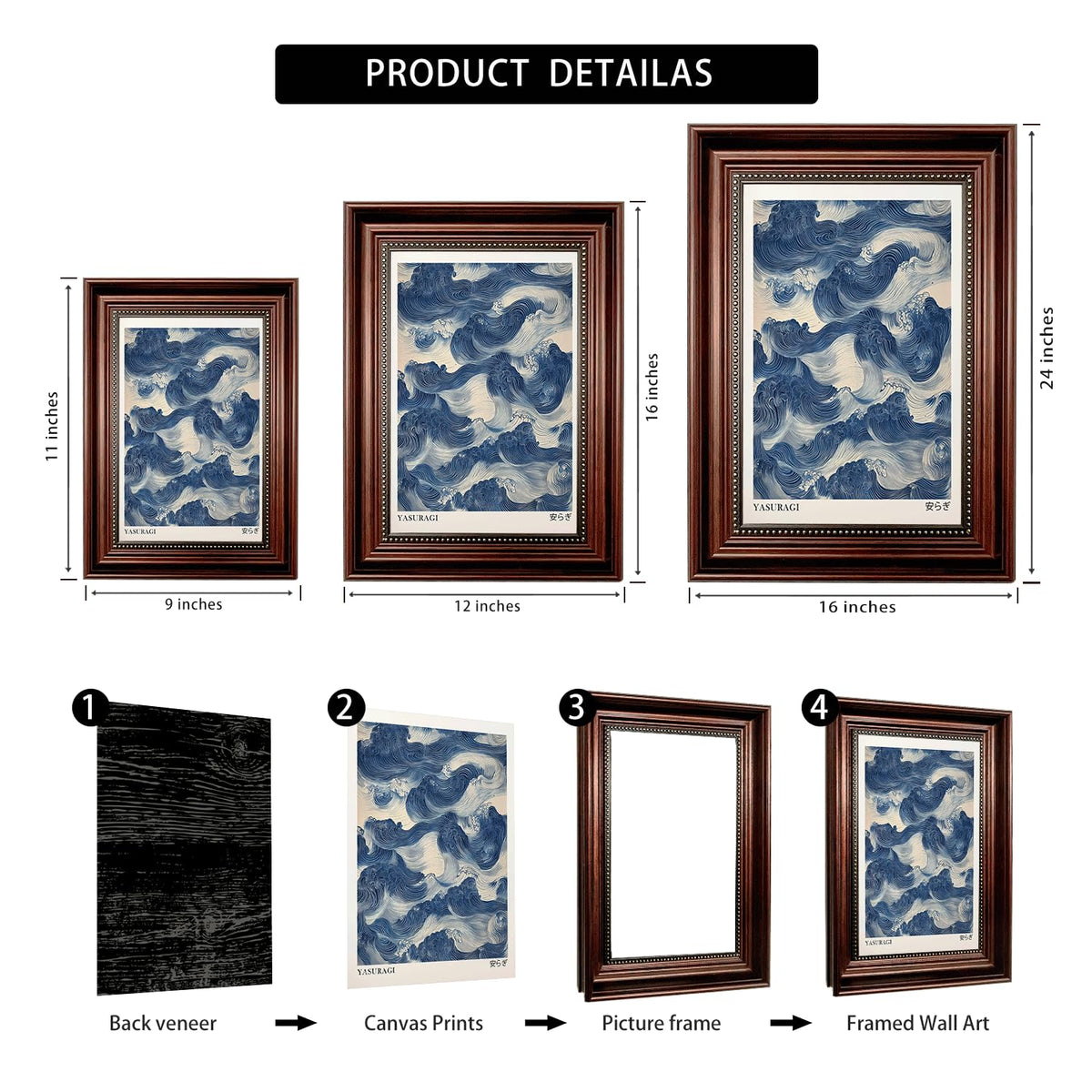 Dark Brown Framed Japanese Blue Waves Canvas Wall Art 9x11 in (Blue Waves / 11"L x 9"W)