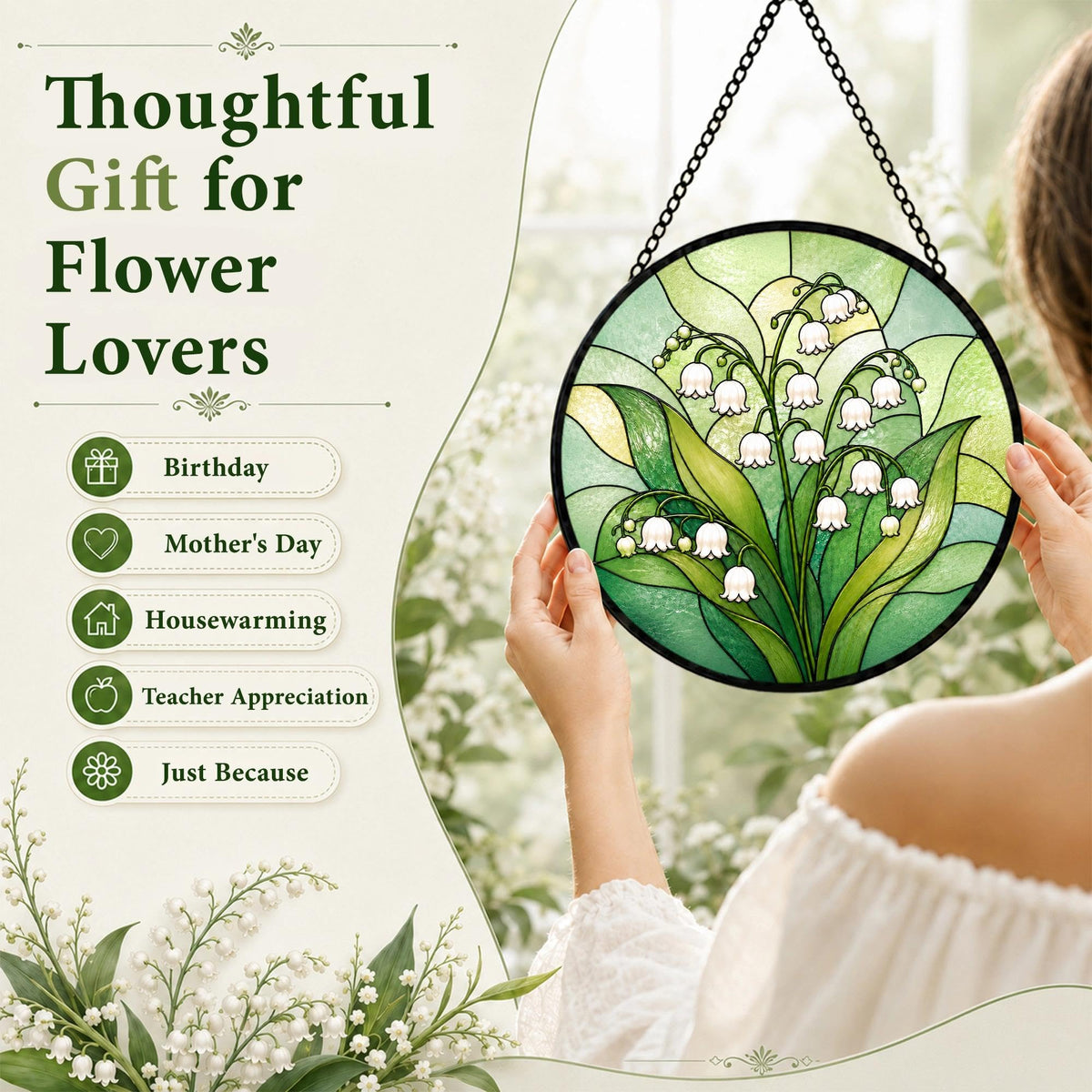 Lily of the Valley Gifts for Women Suncatcher Stained Glass Window Hanging (Lily of the Valley / 7.8 x 7.8 IN)