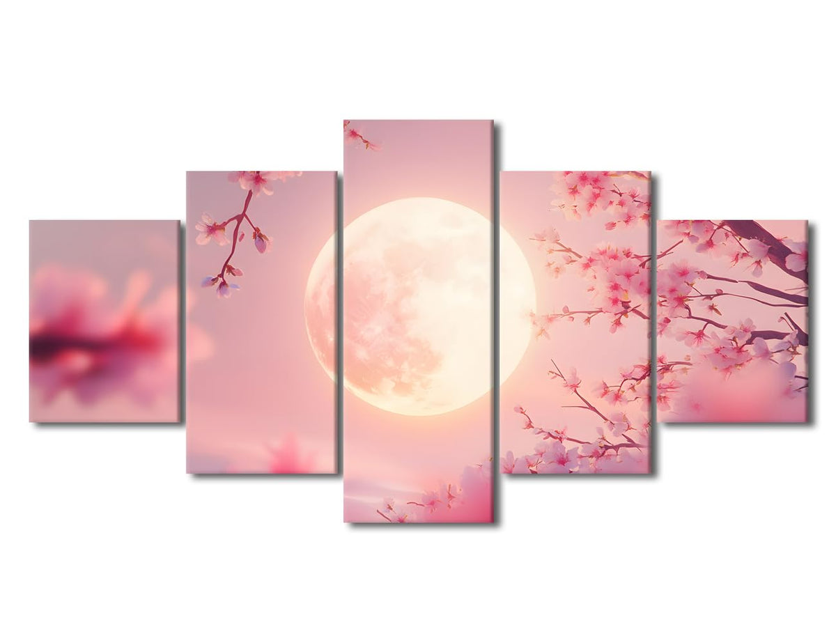 Wall Art Canvas Print Celestial Sakura Dance Framed Artwork Moonlit Blossom Painting Asian Inspired Decor Living Room Wall Display Ethereal Spring Night Ready To Hang 60" Wx32 H (60''Wx32''H / Artwork-15)