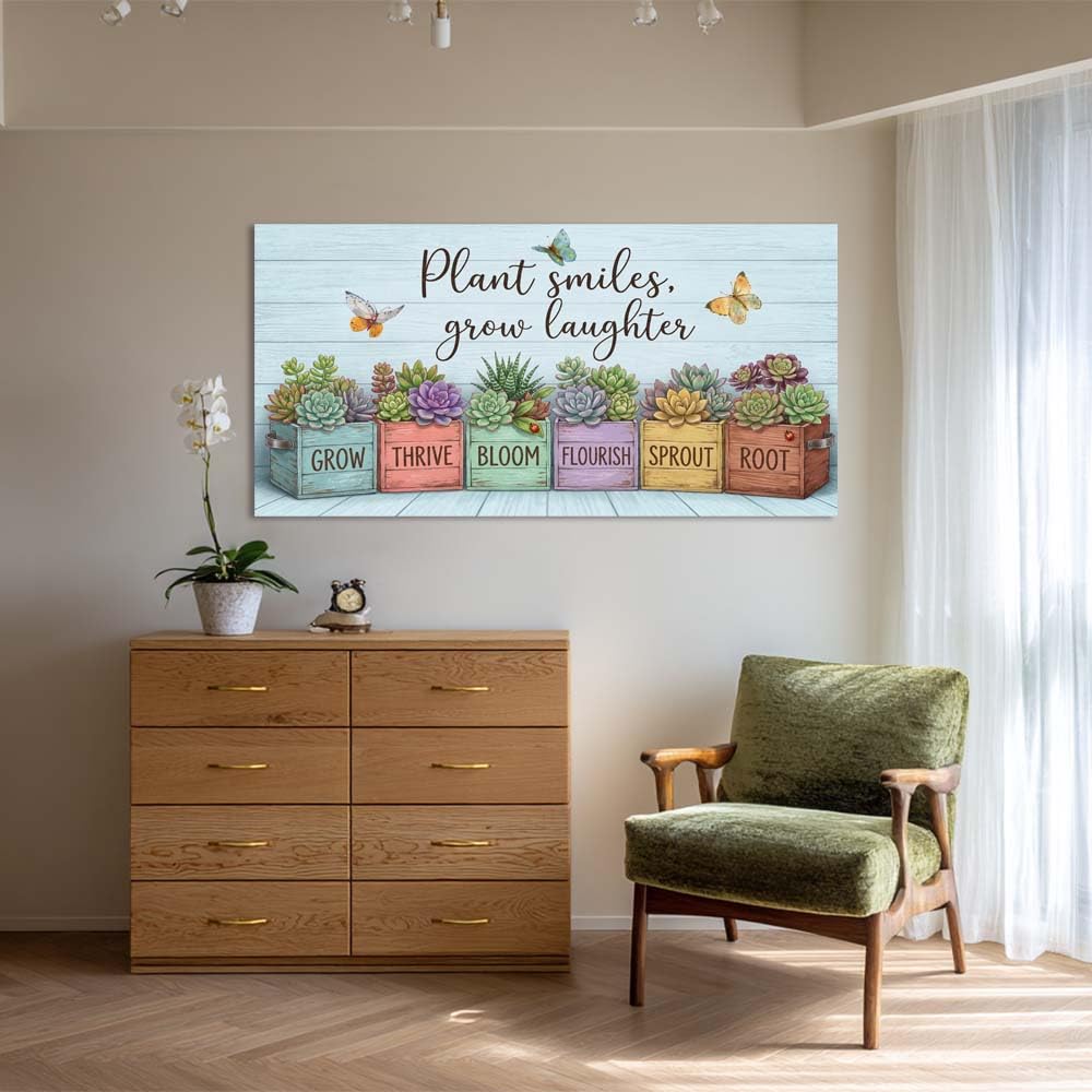 Rustic Succulent Canvas Wall Art Colorful Faux Wood Planter Box Painting Flat Print Gallery Wrapped Botanical Artwork for Living Room Bedroom Bathroom Decor (Bohemian / Yellow Succulent Garden 14 / 46"L x 23"W)