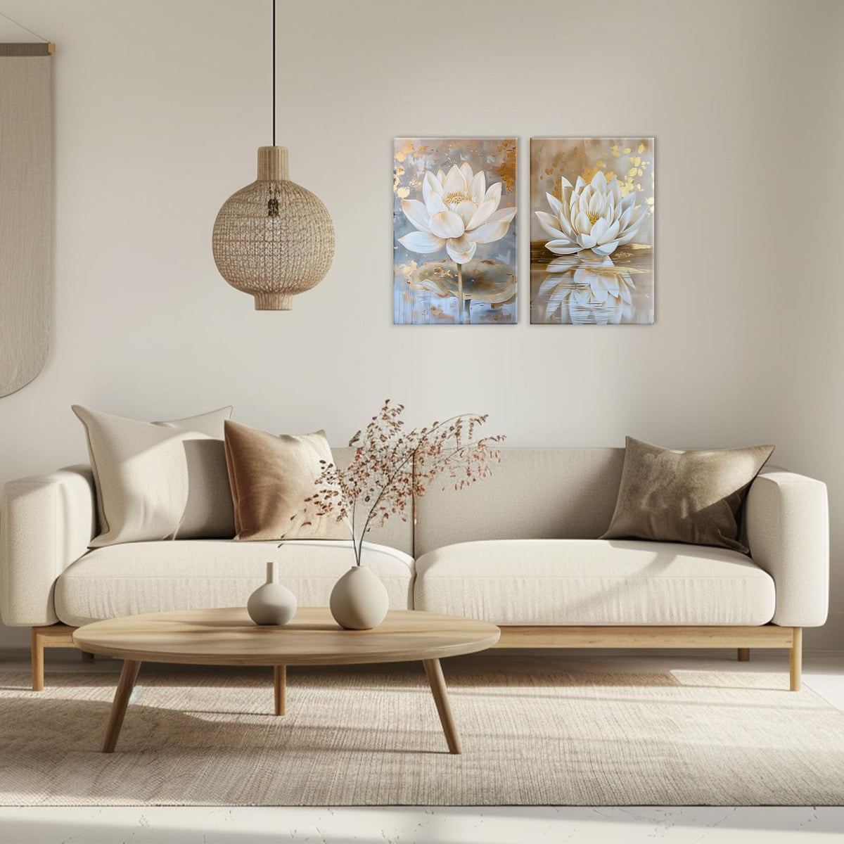 Zen Wall Art 2 Piece White Lotus Blooming Painting Artwork White Gold Lotus Flower Poster Artwork for Bedroom Living Room Bathroom Yoga Spa Room Decor (Artwork-3 / 12"x16"x2pcs)