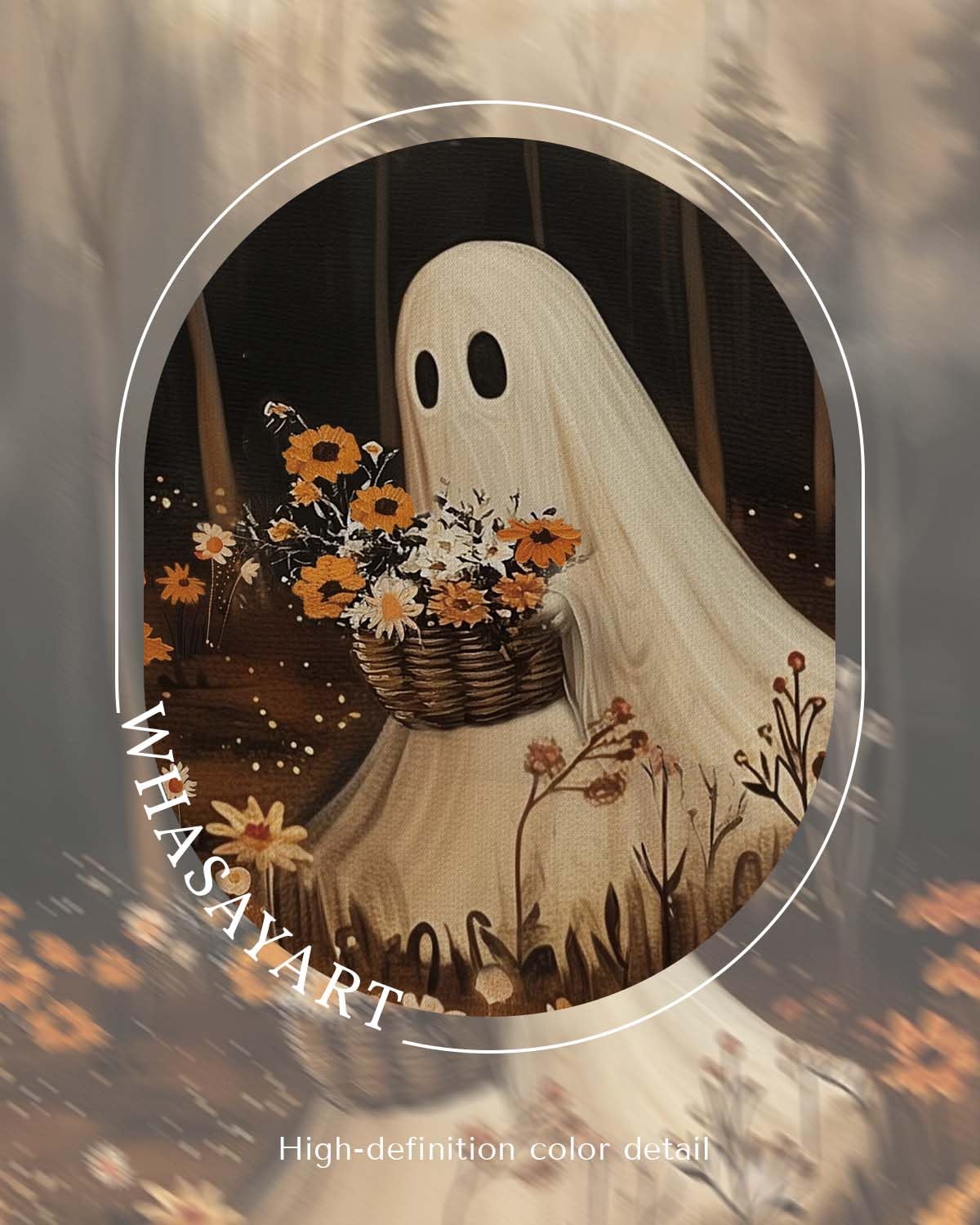 Vintage Cute Ghost Holding Flowers 16x24 Halloween Wall Art (Forest Ghost / 24"L x 16"W)