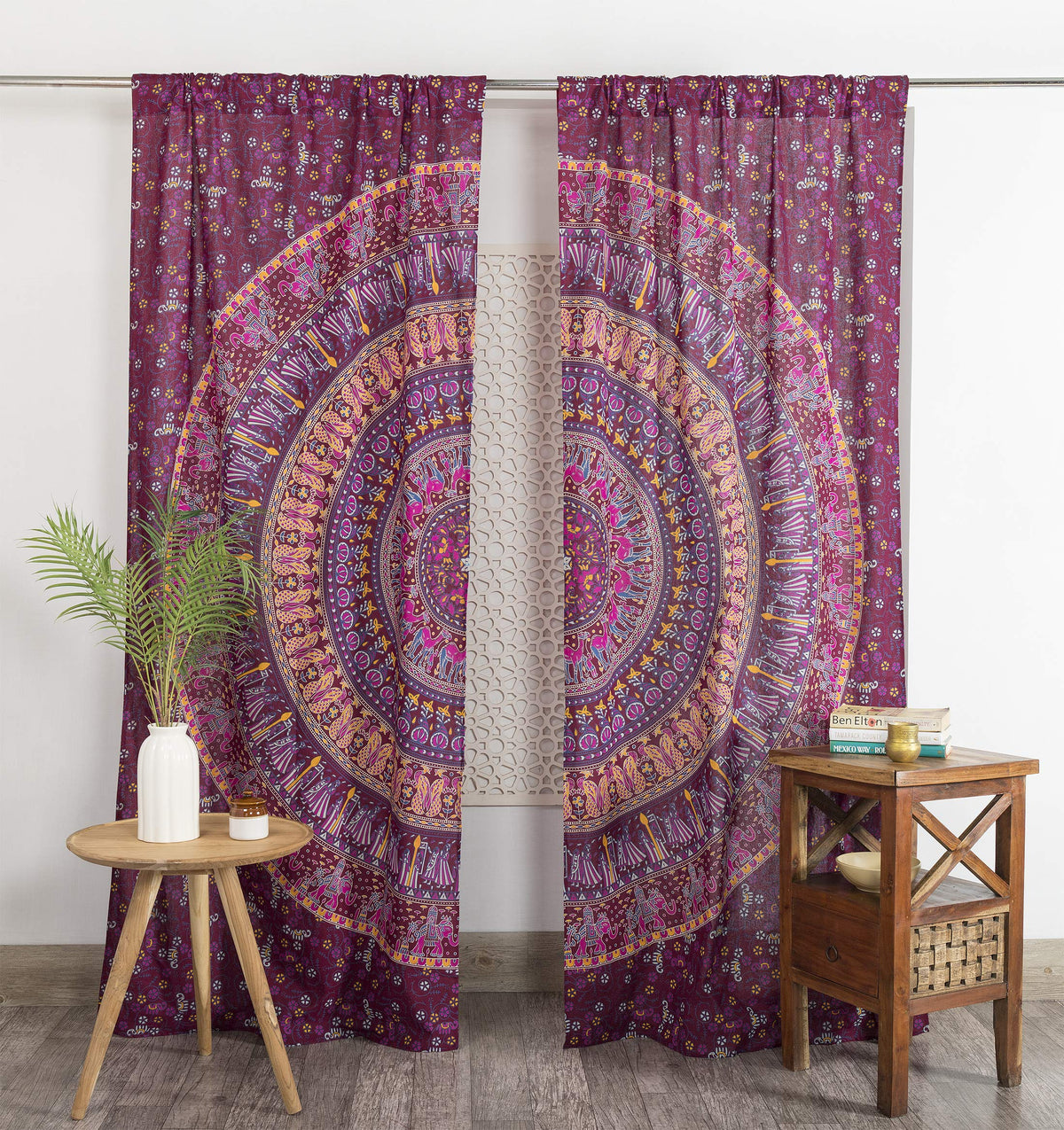 Indian Hippie Bohemian Beautiful Elephant Maroon Pink Color Mandala Curtain Panels (38"W x 83"L (Pack of 2) / Maroon Pink)