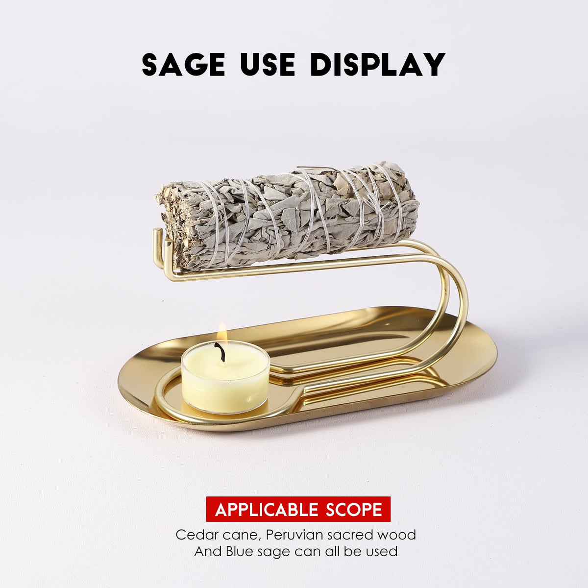 Stainless Steel Sage Holder with Ash Catcher Tray (Gold Stand + Gold Plate)