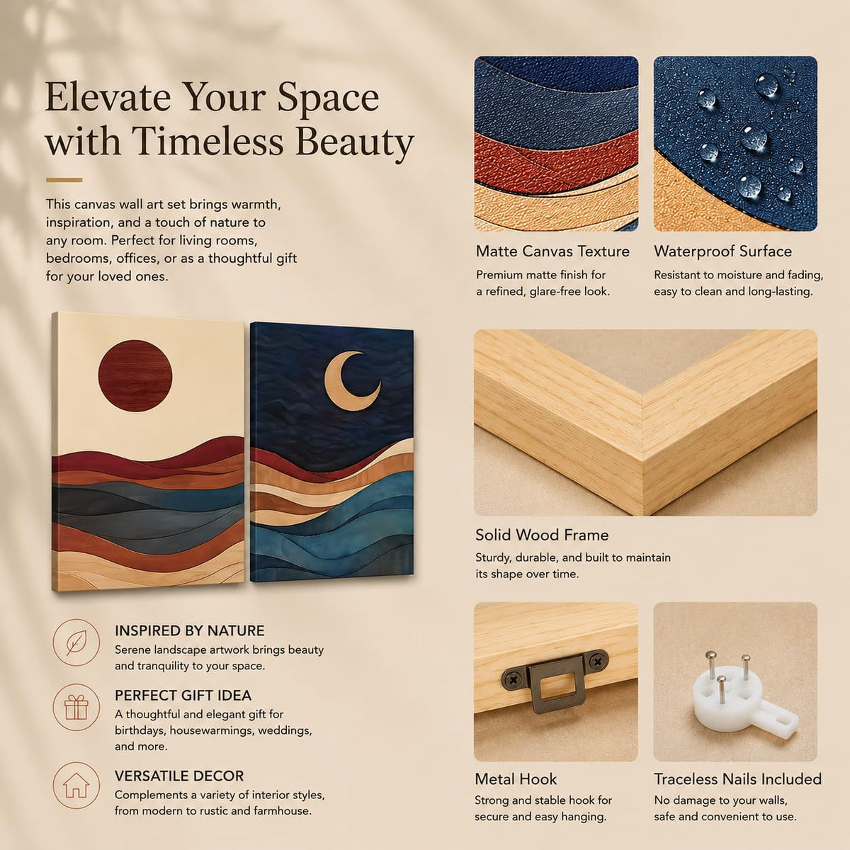2 Piece Sun and Moon Canvas Wall Art (riyue / 24"L x 16"W)
