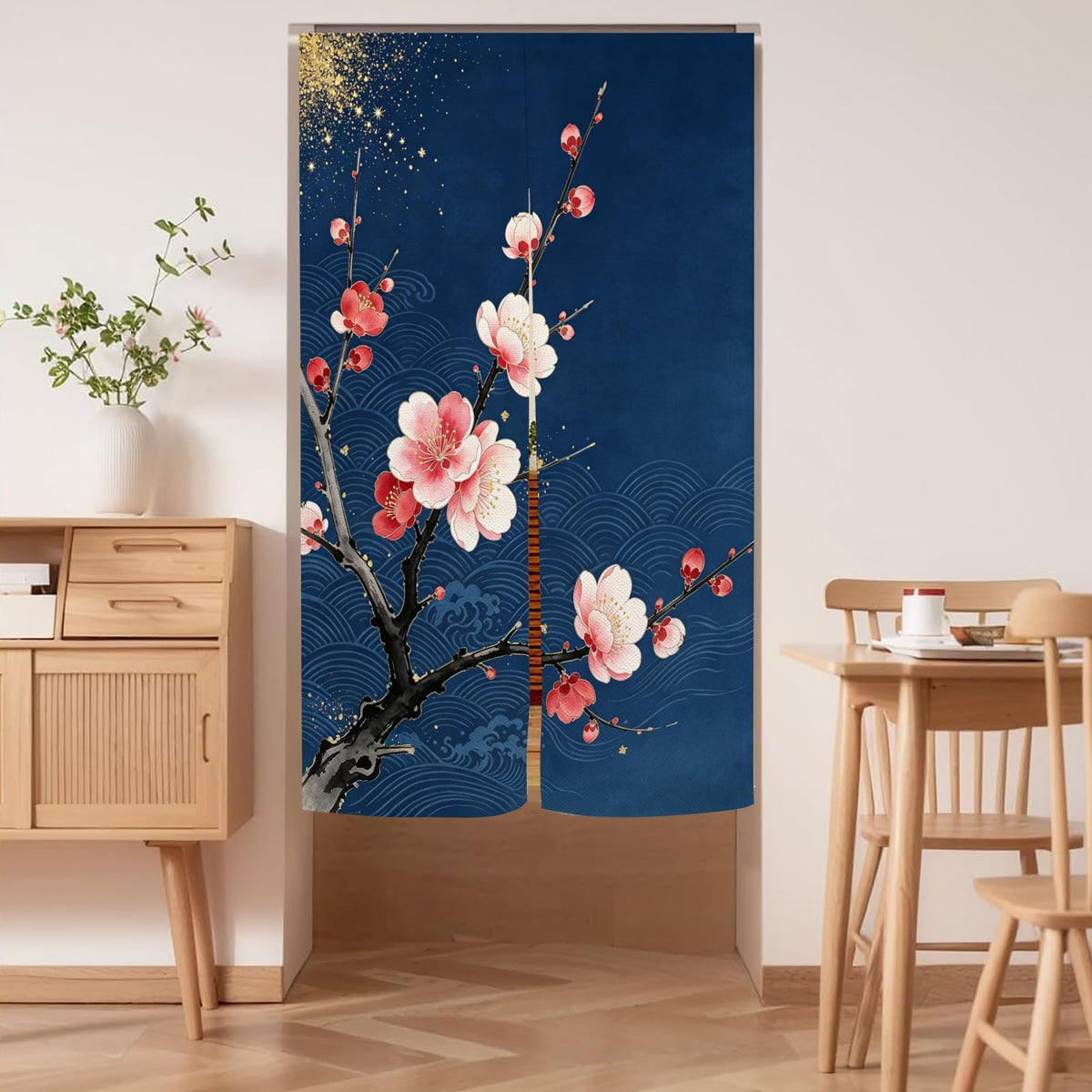 Japanese Noren Doorway Curtain Navy Blue Plum Blossom Wave 33.5x47.2in (Navy Blue / 33.5"W x 47.2"L (Pack of 1))