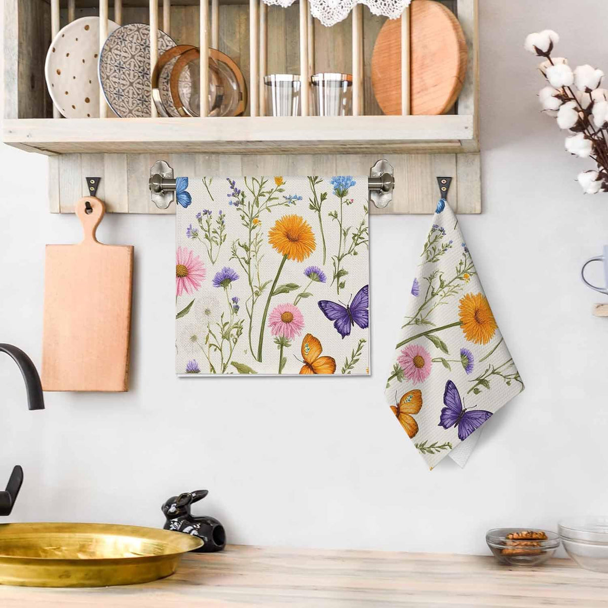 Vintage Floral Waffle Kitchen Dish Cloths Herbs Wild Flowers Botanical Colorful Ultra Soft Absorbent Quick Drying Dish Towels 16 X 24 Inches Set of 2 (Vintage Floral)