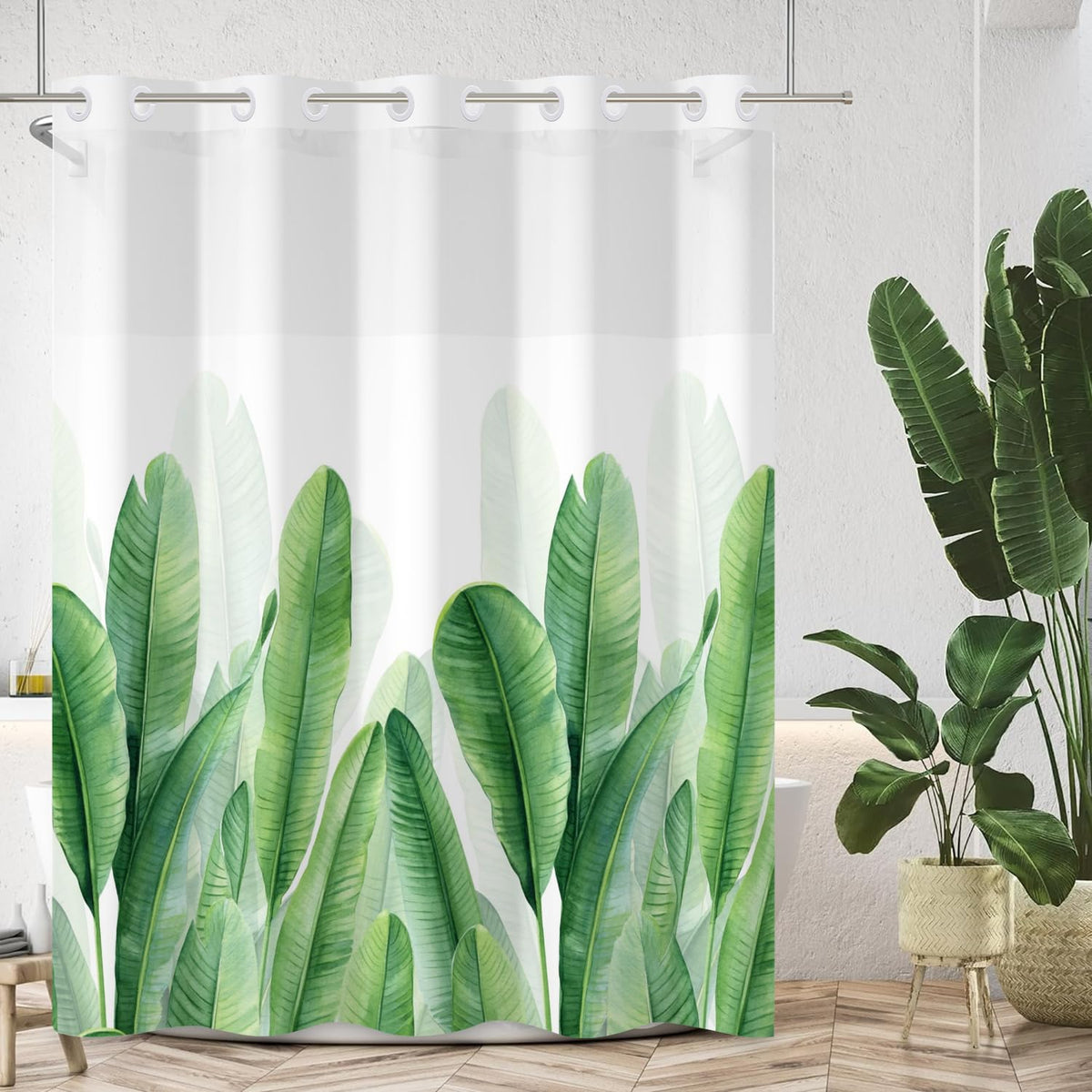 No Hook Tropical Shower Curtain with Snap in Liner Set Summer Plant Palm Leaf Shower Curtains for Bathroom Double Layers Hotel Style Fabric Washable 71x74 Inch (Olive Green)