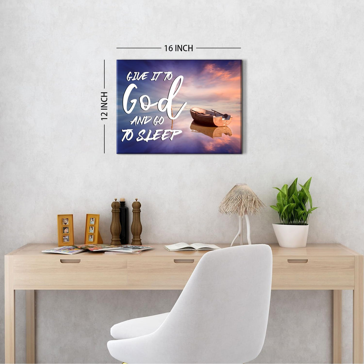 Beach Christian Wall Art Canvas Give It to God and Go to Sleep Religious Sign Poster Bedroom Wall Decor Bible Verse Scripture Artwork Sunset Boat Picture Living Room Above Bed Home Decorations 12x16'' (16"L x 12"W / God)