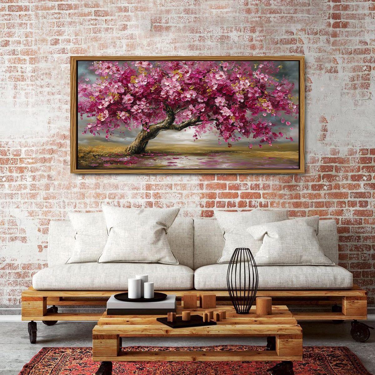 Abstract Tree Framed Wall Art Colorful Daisy Floral Wall Decor Nature Trees Botanical Painting Canvas Prints Rustic Farmhouse Pictures Posters Modern Artwork for Bedroom Living Room Decorations 30x57.8" (30"L x 57.8"W / Pink Tree)