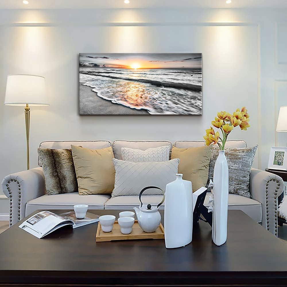 Large Size Wall Art Bedroom Black white Beach Wall Art Sunset Ocean Picture Painting Sea Decor Poster Office Artwork Living Room Decor Kitchen Prints Art Framed Canvas Decorations 24x48 (beach 00 / 48"L x 24"W)