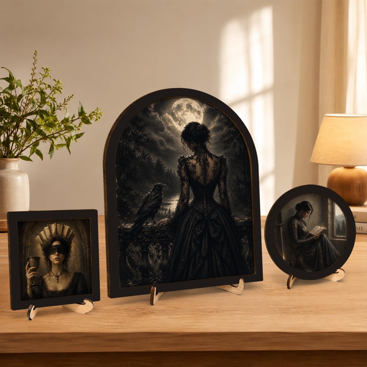 3 Pcs Gothic Raven Woman Wall Art Sign Framed Moonlit Victorian Decor (Dark-01)