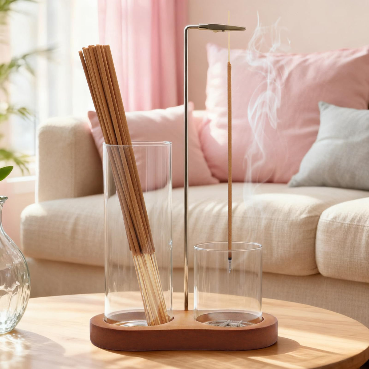 2-in-1 Incense Holder for Sticks, Incense Burner Holder with Glass Ash Catcher & Stick Storage, Bedroom House Yoga Meditation Zen Decor, Spa Gifts for Women, Unique Cozy Home Decor, Natural Wood (Natural Wood)
