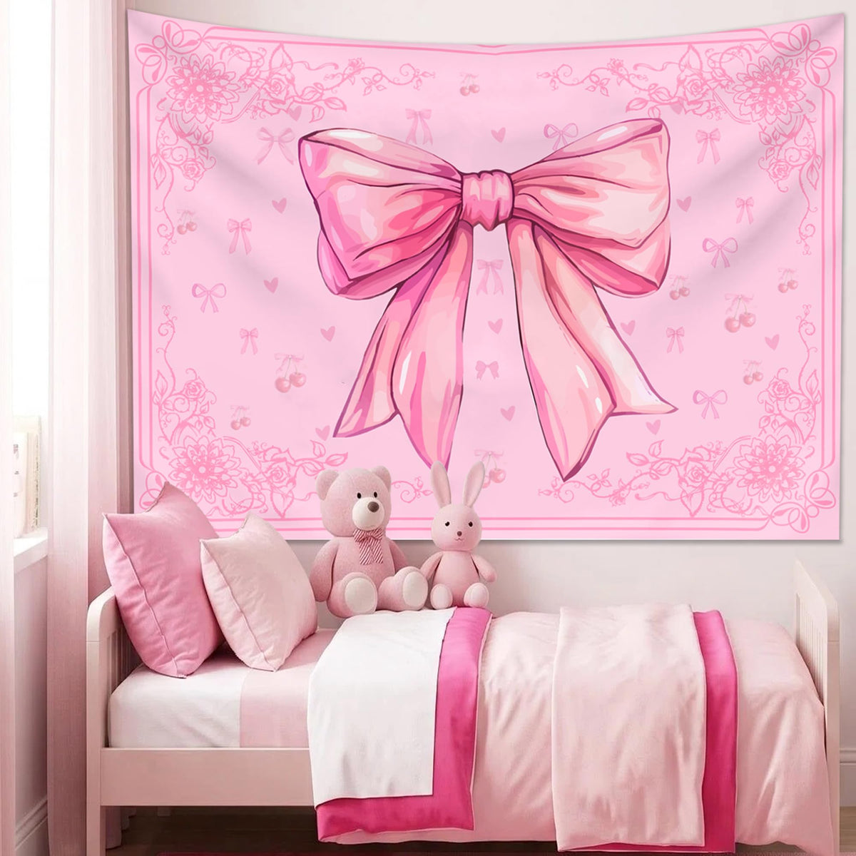 Pink Bohemian Wall Hanging Preppy Bow Tapestry for Teen Girls 60ʺ x44ʺ (Pink / 60"L x 44"W)