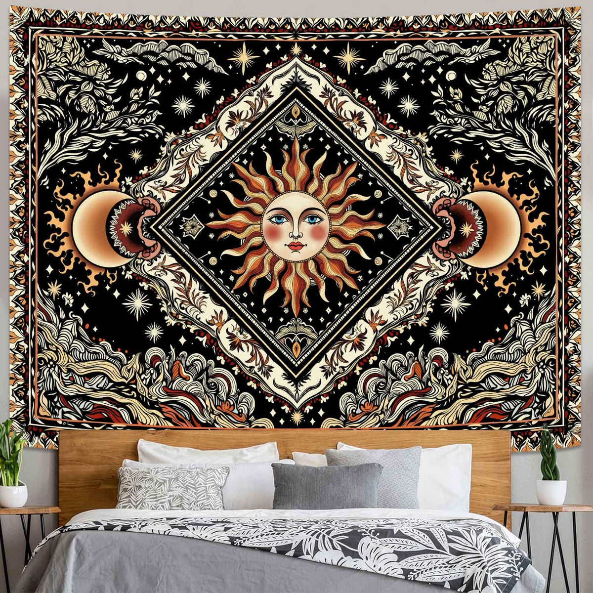 Celestial Sun & Moon Tapestry (Yellow Ivory / 90"L x 70"W)
