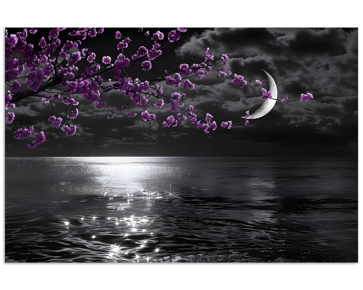 1 Panel Purple Picture for Bedroom Purple Bedroom Pictures Wall Decor Black and White Seascape Full Moon Purple Flower Print on Canvas for Home Decor Stretched and Framed 12x18 inch (18"L x 12"W / Purple Flower 9)