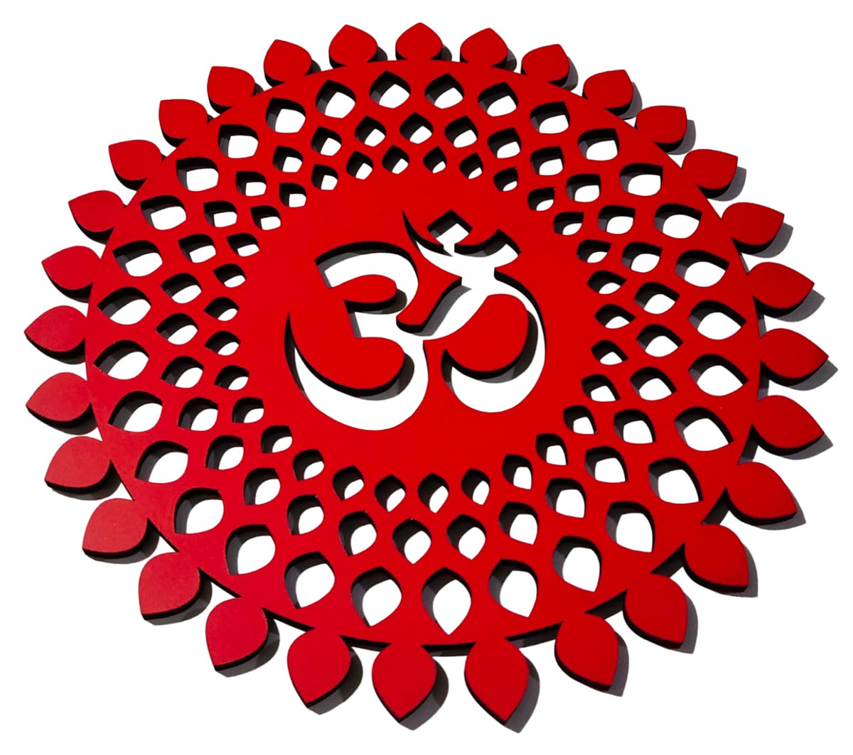 Red Om Round Decorative Wall Art Mdf Wooden Om Chakra For Temple (MANDALA OM-Red / 24"L x 24"W)
