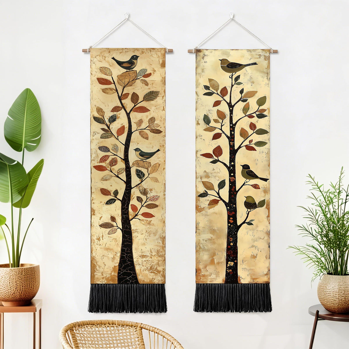 2 Pack Long Vertical Wall Tapestry (Vintage Bird Tree / 13"Wx51"H)