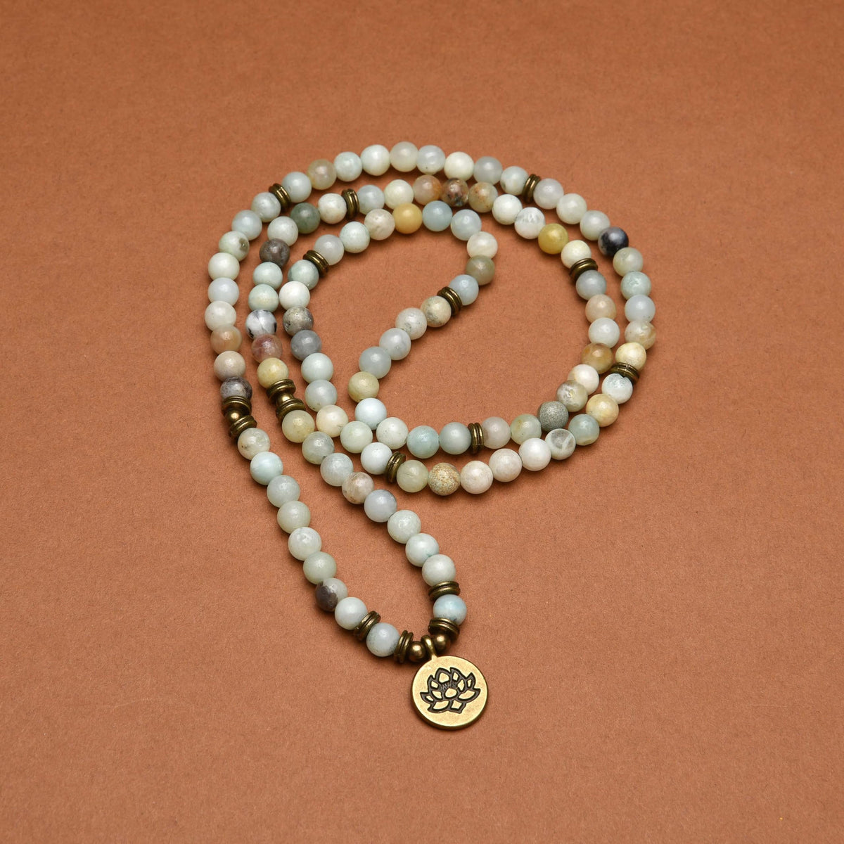108 Healing Mala Beads Bracelet or Necklace with Gold Lotus Charm (Amazonite)