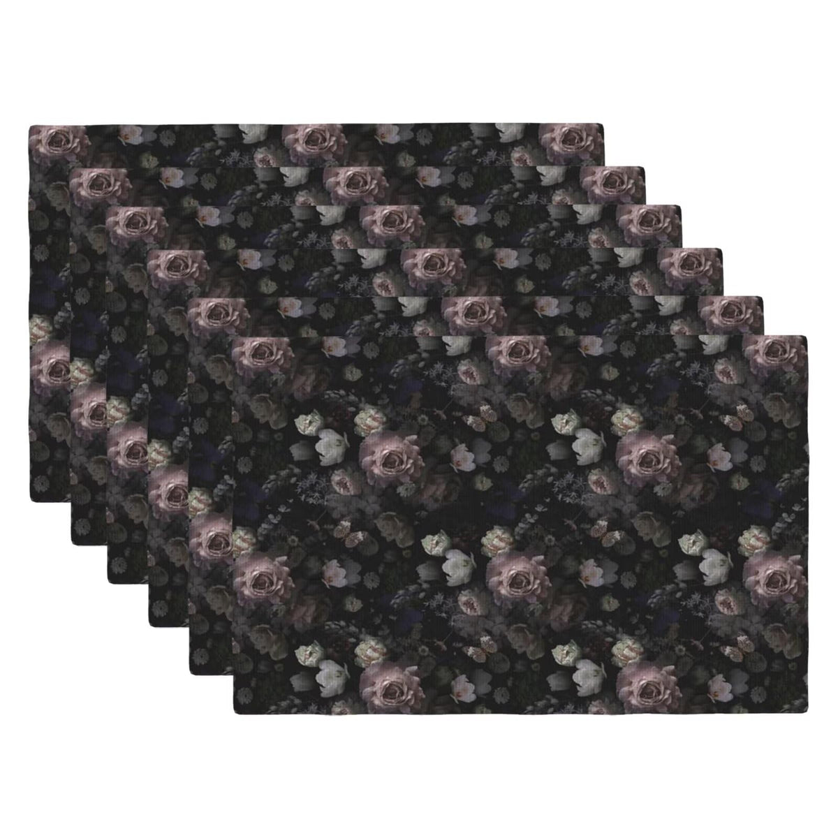 Vintage Floral Placemats Set of 6 Linen Washable 12x18 Inch (Black Pink / 6PCS)