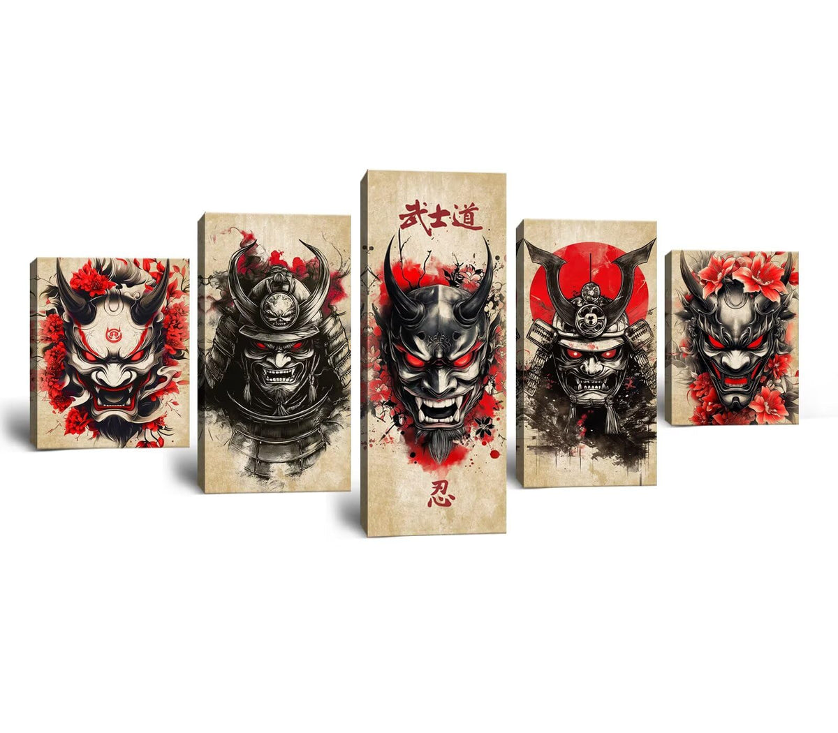 Bushido Wall Art Japanese Samurai Wall Decor Red and Black Canvas Pictures for Japan Theme Restaurant Tavern Hotels Bedroom Living Room Office Bathroom Asian Artwork Prints Framed 5 Piece (50"Wx24"H / Samurai 5P-13)