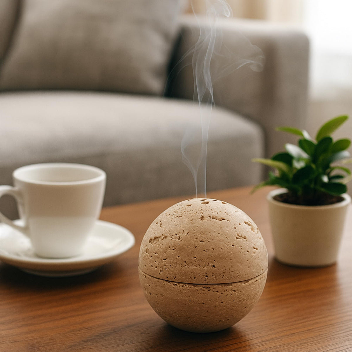 Natural Stone Sphere Incense Holder (Beige Travertine)