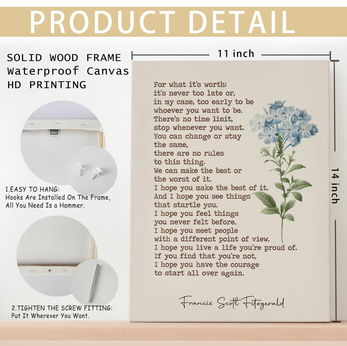 Inspirational Book Quote Wall Art Decor 11x14 Inches (Literary Blue Floral)