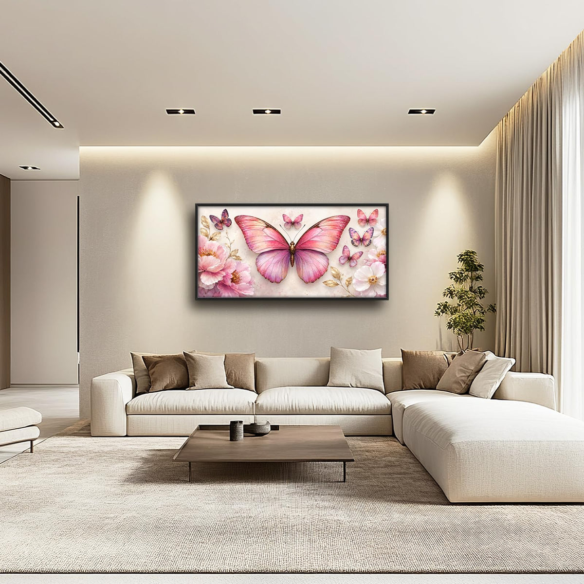 Pink Butterfly Large Wall Art Floral Flower Wall Decor Canvas Framed Pictures Painting Artwork For Living Room Bedroom Office 30"X60" (Pink Butterfly / 60"L x 30"W)