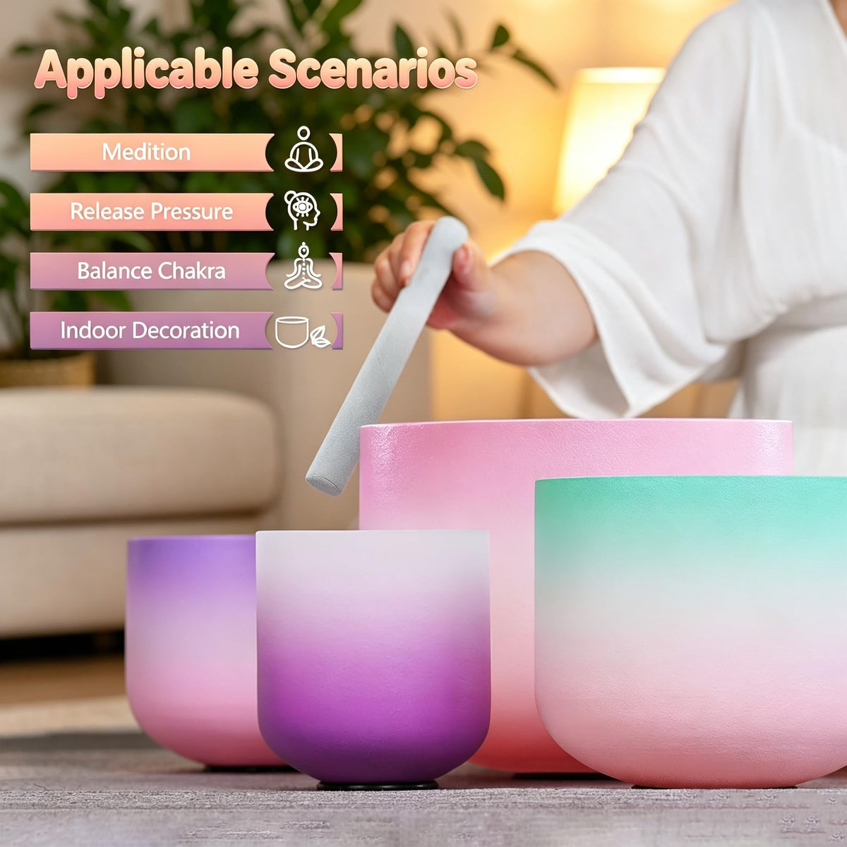7PCS 432Hz Rainbow Quartz Crystal Singing Bowls Set for Meditation (7-12inch 432hz Multicolored 7PCS)