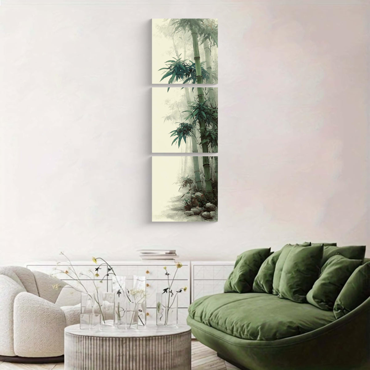 3Pcs Vertical Green Bamboo Wall Art Asian Watercolor Canvas Print Oriental Zen Artwork Traditional Japanese Chinese Style Decor for Living Room Bedroom Meditation Yoga Studio Office (Green Bamboo / 12x12 inches (3 pieces))