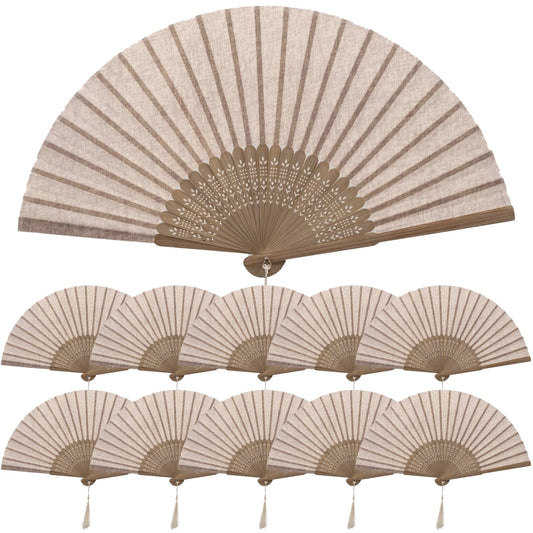 10 Pack Folding Hand Fans Bulk (Light Coffee)
